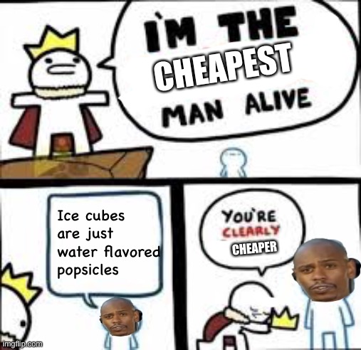 They are |  CHEAPEST; Ice cubes are just water flavored popsicles; CHEAPER | image tagged in im the dumbest man alive,lol so funny,so so dank,cheapskate,very funny,modern problems require modern solutions | made w/ Imgflip meme maker