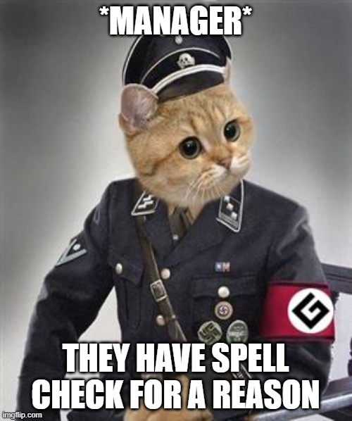 Grammar Nazi Cat | *MANAGER* THEY HAVE SPELL CHECK FOR A REASON | image tagged in grammar nazi cat | made w/ Imgflip meme maker