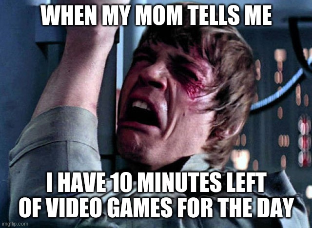 Nooo | WHEN MY MOM TELLS ME; I HAVE 10 MINUTES LEFT OF VIDEO GAMES FOR THE DAY | image tagged in nooo | made w/ Imgflip meme maker