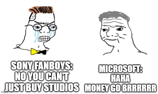noooo you can't just | MICROSOFT:
HAHA MONEY GO BRRRRRR; SONY FANBOYS:
NO YOU CAN'T JUST BUY STUDIOS | image tagged in noooo you can't just | made w/ Imgflip meme maker