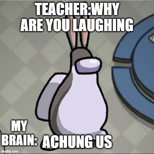 achungus(note all credit goes to user I1k for making this i saw it i thought it was hilarious so i wanted to repost it) | TEACHER:WHY ARE YOU LAUGHING; MY BRAIN: | image tagged in among us | made w/ Imgflip meme maker