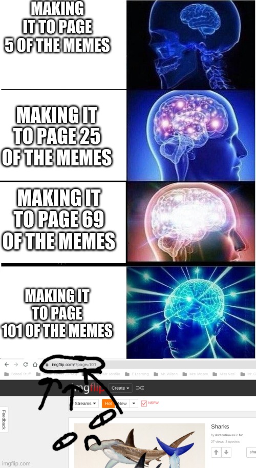 I MADE IT TO PAGE 101 O-O | MAKING IT TO PAGE 5 OF THE MEMES; MAKING IT TO PAGE 25 OF THE MEMES; MAKING IT TO PAGE 69 OF THE MEMES; MAKING IT TO PAGE 101 OF THE MEMES | image tagged in memes,expanding brain | made w/ Imgflip meme maker