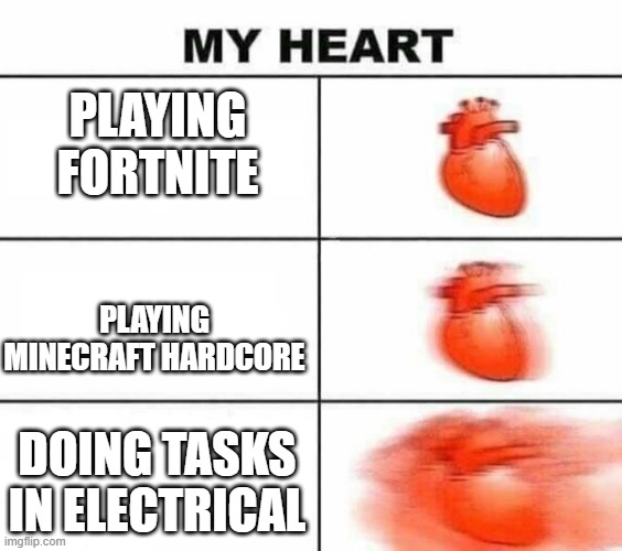 My heart blank | PLAYING FORTNITE; PLAYING MINECRAFT HARDCORE; DOING TASKS IN ELECTRICAL | image tagged in my heart blank | made w/ Imgflip meme maker
