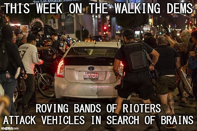 The Walking Dems | THIS WEEK ON THE WALKING DEMS; ROVING BANDS OF RIOTERS ATTACK VEHICLES IN SEARCH OF BRAINS | image tagged in la riots | made w/ Imgflip meme maker