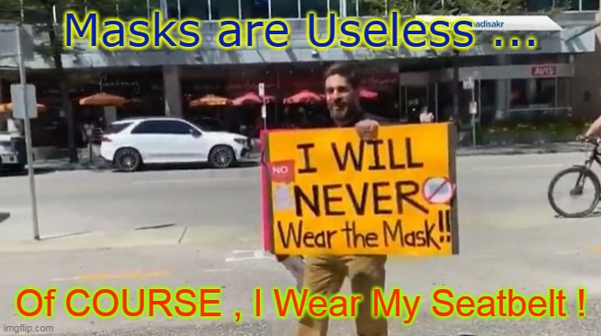 Masks ARE seatbelts for your Face | Masks are Useless ... Of COURSE , I Wear My Seatbelt ! | image tagged in mask,seatbelt,covid,covidiot | made w/ Imgflip meme maker