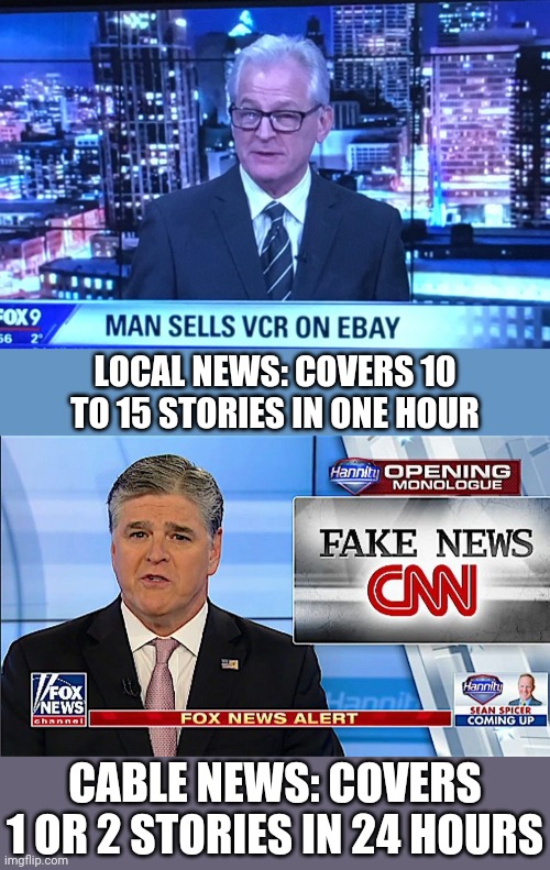 LOCAL NEWS: COVERS 10 TO 15 STORIES IN ONE HOUR; CABLE NEWS: COVERS 1 OR 2 STORIES IN 24 HOURS | made w/ Imgflip meme maker