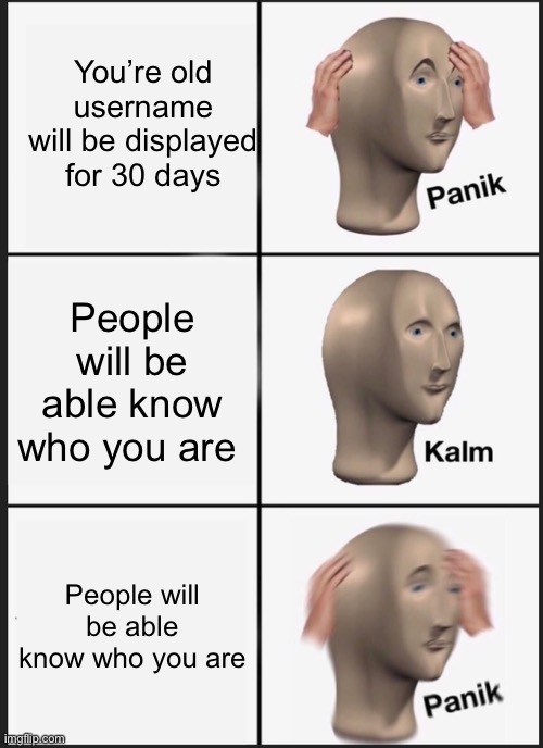 New username who dis |  You’re old username will be displayed for 30 days; People will be able know who you are; People will be able know who you are | image tagged in memes,panik kalm panik | made w/ Imgflip meme maker