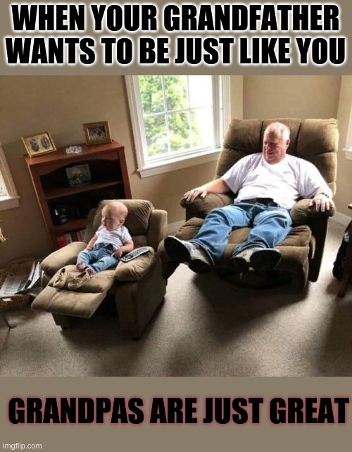WHEN YOUR GRANDFATHER WANTS TO BE JUST LIKE YOU; GRANDPAS ARE JUST GREAT | image tagged in storytelling grandpa,grandpa | made w/ Imgflip meme maker