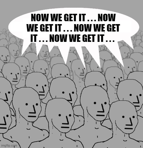 Npc | NOW WE GET IT . . . NOW WE GET IT . . . NOW WE GET IT . . . NOW WE GET IT . . . | image tagged in npc | made w/ Imgflip meme maker