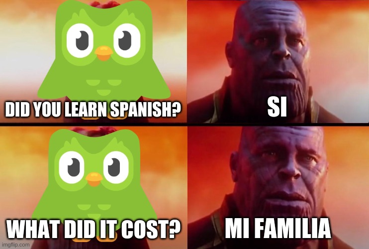 thanos what did it cost | DID YOU LEARN SPANISH? SI; WHAT DID IT COST? MI FAMILIA | image tagged in thanos what did it cost | made w/ Imgflip meme maker