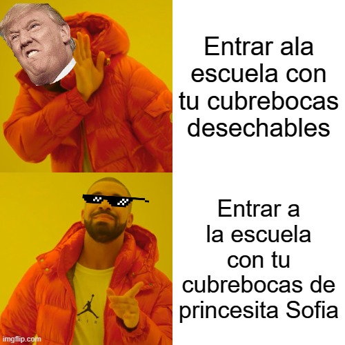 meme del covid jajaja xd | Entrar ala escuela con tu cubrebocas desechables; Entrar a la escuela con tu cubrebocas de princesita Sofia | image tagged in memes,drake hotline bling | made w/ Imgflip meme maker