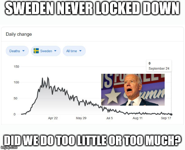 Did Trump really blow our C19 response or might he have responded too strongly? | SWEDEN NEVER LOCKED DOWN; DID WE DO TOO LITTLE OR TOO MUCH? | image tagged in coronavirus,sleepy joe,election 2020 | made w/ Imgflip meme maker