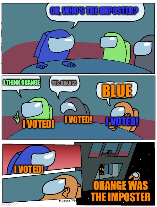 Mistakes in Among Us be like | OK, WHO'S THE IMPOSTER? YES, ORANGE; I THINK ORANGE; BLUE; I VOTED! I VOTED! I VOTED! I VOTED! ORANGE WAS THE IMPOSTER | image tagged in among us meeting | made w/ Imgflip meme maker