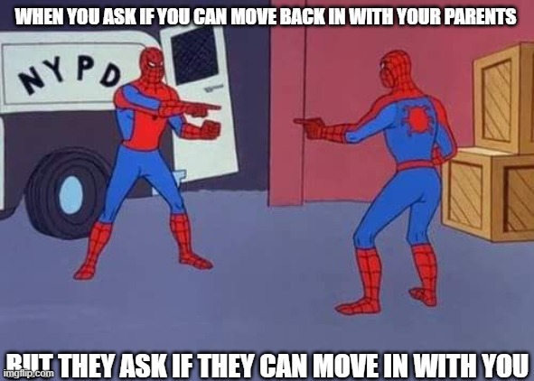 Spiderman mirror | WHEN YOU ASK IF YOU CAN MOVE BACK IN WITH YOUR PARENTS; BUT THEY ASK IF THEY CAN MOVE IN WITH YOU | image tagged in spiderman mirror | made w/ Imgflip meme maker