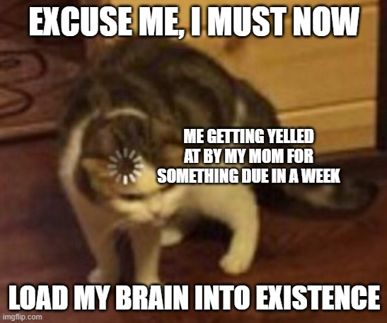 Upvote if you hear your mom when you see this | EXCUSE ME, I MUST NOW; ME GETTING YELLED AT BY MY MOM FOR SOMETHING DUE IN A WEEK; LOAD MY BRAIN INTO EXISTENCE | image tagged in loading cat | made w/ Imgflip meme maker