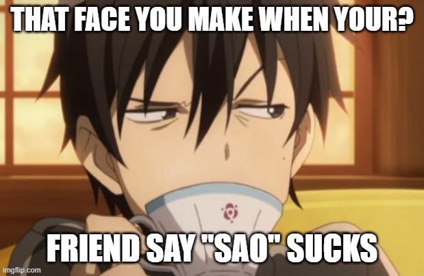 Sword Art Online | THAT FACE YOU MAKE WHEN YOUR? FRIEND SAY "SAO" SUCKS | image tagged in sword art online | made w/ Imgflip meme maker