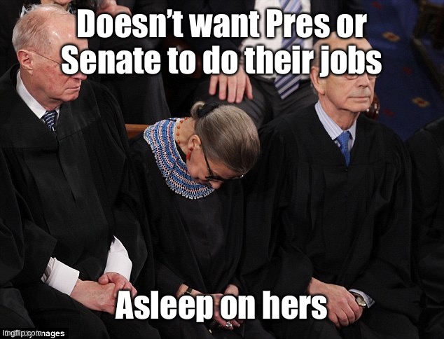 Ruth Bader Ginsburg | Doesn’t want Pres or Senate to do their jobs Asleep on hers | image tagged in ruth bader ginsburg | made w/ Imgflip meme maker