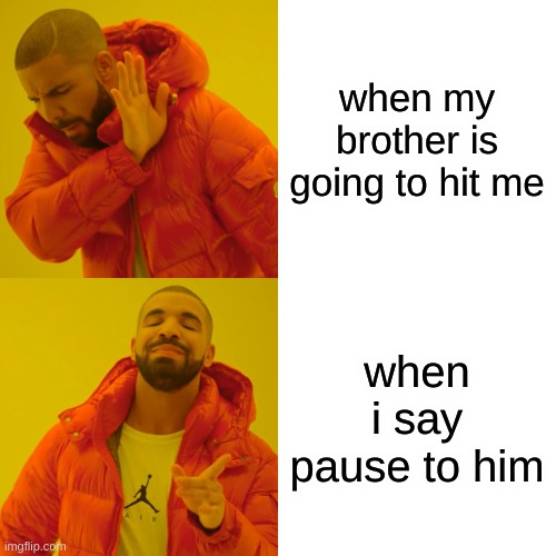 Drake Hotline Bling | when my brother is going to hit me; when i say pause to him | image tagged in memes,drake hotline bling | made w/ Imgflip meme maker