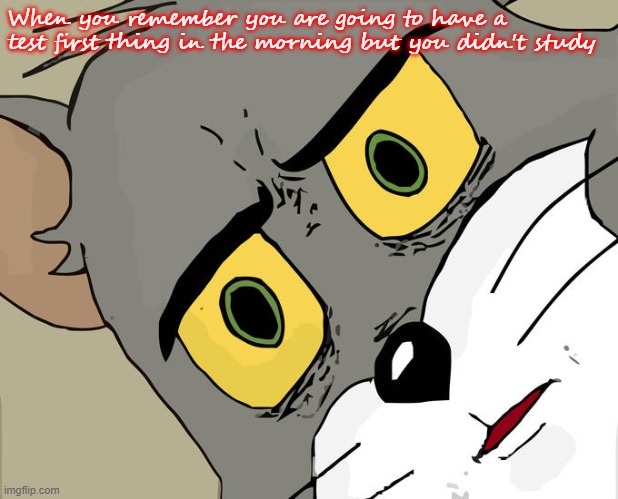 School | When you remember you are going to have a test first thing in the morning but you didn't study | image tagged in memes,unsettled tom | made w/ Imgflip meme maker