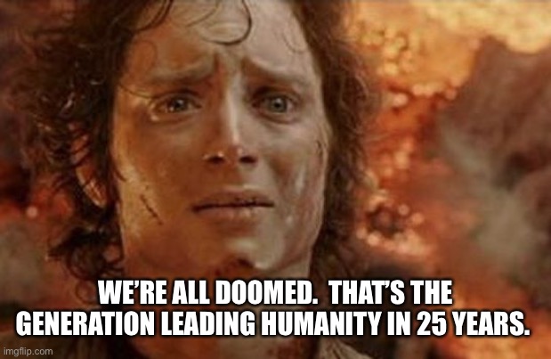 Frodo in Mt Doom | WE’RE ALL DOOMED.  THAT’S THE GENERATION LEADING HUMANITY IN 25 YEARS. | image tagged in frodo in mt doom | made w/ Imgflip meme maker