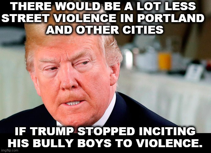 Trump encourages street violence, then complains about it. | THERE WOULD BE A LOT LESS 
STREET VIOLENCE IN PORTLAND 
AND OTHER CITIES; IF TRUMP STOPPED INCITING HIS BULLY BOYS TO VIOLENCE. | image tagged in trump lip curl as his world goes to shit,trump,create,street,fighting,hypocrite | made w/ Imgflip meme maker
