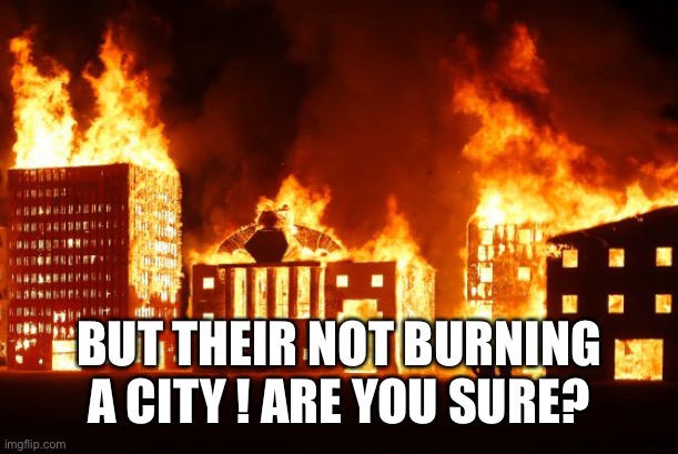 Burning City | BUT THEIR NOT BURNING A CITY ! ARE YOU SURE? | image tagged in burning city | made w/ Imgflip meme maker