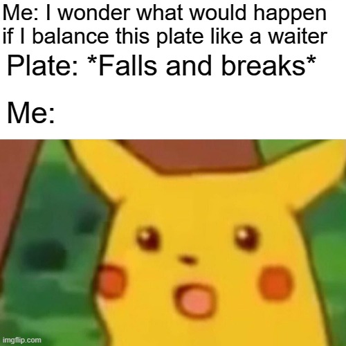 Surprised Pikachu Meme | Me: I wonder what would happen if I balance this plate like a waiter; Plate: *Falls and breaks*; Me: | image tagged in memes,surprised pikachu | made w/ Imgflip meme maker