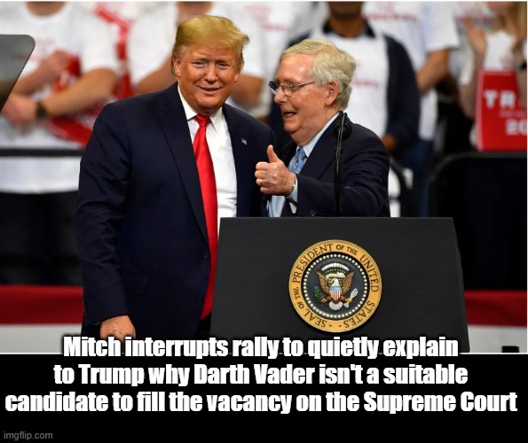 OH DARN!!!! | Mitch interrupts rally to quietly explain to Trump why Darth Vader isn't a suitable candidate to fill the vacancy on the Supreme Court | image tagged in trump is a moron,donald trump is an idiot,mitch mcconnell,election 2020 | made w/ Imgflip meme maker