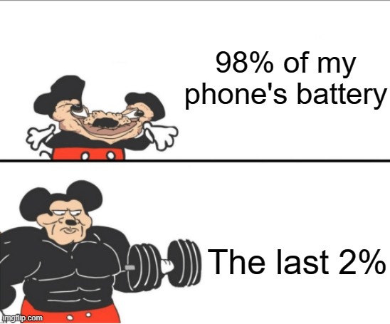Weak vs Strong Mickey | 98% of my phone's battery; The last 2% | image tagged in weak vs strong mickey | made w/ Imgflip meme maker