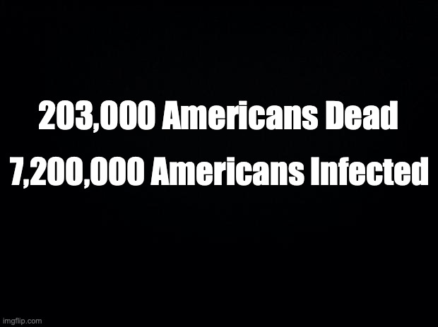 Black background | 203,000 Americans Dead; 7,200,000 Americans Infected | image tagged in black background | made w/ Imgflip meme maker