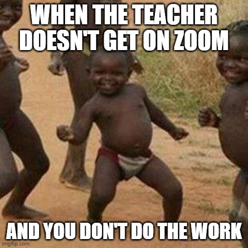 smort | WHEN THE TEACHER DOESN'T GET ON ZOOM; AND YOU DON'T DO THE WORK | image tagged in memes,third world success kid,school | made w/ Imgflip meme maker