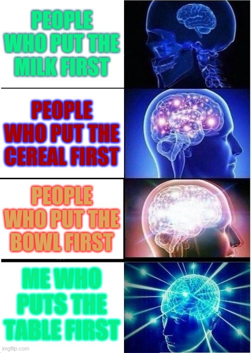 Expanding Brain Meme | PEOPLE WHO PUT THE MILK FIRST; PEOPLE WHO PUT THE CEREAL FIRST; PEOPLE WHO PUT THE BOWL FIRST; ME WHO PUTS THE TABLE FIRST | image tagged in memes,expanding brain | made w/ Imgflip meme maker