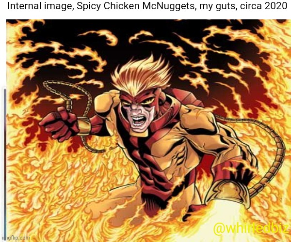  Internal image, Spicy Chicken McNuggets, my guts, circa 2020; @whirledbiz | image tagged in spicy mcnuggets,funny,spicy,mcdonald's,nuggets,super hero | made w/ Imgflip meme maker