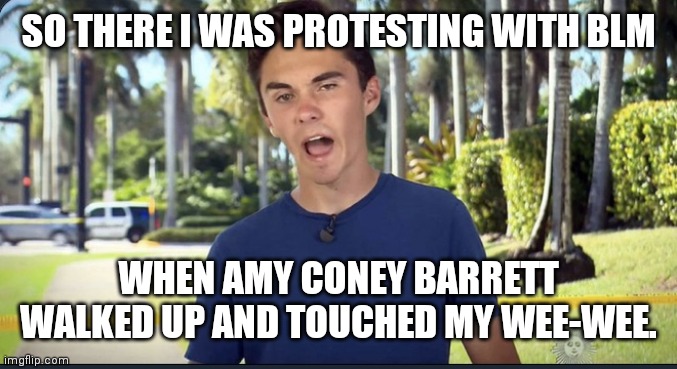 Wee-wee |  SO THERE I WAS PROTESTING WITH BLM; WHEN AMY CONEY BARRETT WALKED UP AND TOUCHED MY WEE-WEE. | image tagged in supreme court,protest,metoo,orange man bad | made w/ Imgflip meme maker