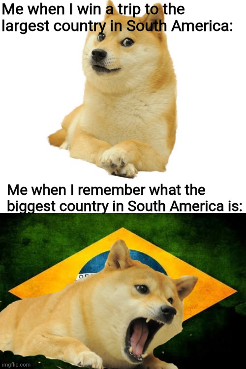 :flag_br: | Me when I win a trip to the largest country in South America:; Me when I remember what the biggest country in South America is: | image tagged in blank white template,brazil,you're going to brazil,memes,doge,me when | made w/ Imgflip meme maker