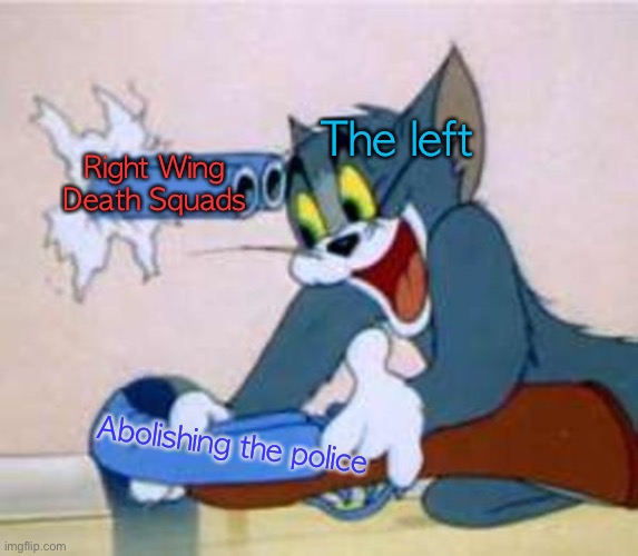 Never interrupt your enemy whilst they are making a mistake | The left; Right Wing Death Squads; Abolishing the police | image tagged in tom the cat shooting himself,black lives matter,defund the police,abolish the police,right wing death squads | made w/ Imgflip meme maker