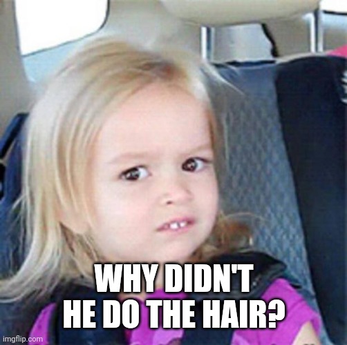 Confused Little Girl | WHY DIDN'T HE DO THE HAIR? | image tagged in confused little girl | made w/ Imgflip meme maker