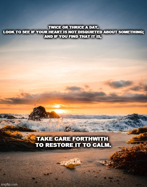 TWICE OR THRICE A DAY, LOOK TO SEE IF YOUR HEART IS NOT DISQUIETED ABOUT SOMETHING;
AND IF YOU FIND THAT IT IS, TAKE CARE FORTHWITH 
TO RESTORE IT TO CALM. | image tagged in take care | made w/ Imgflip meme maker