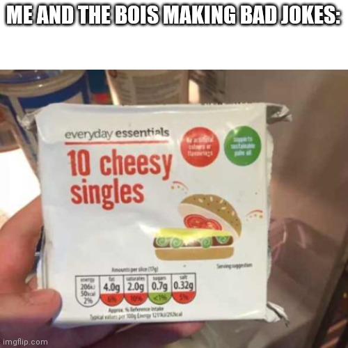 ME AND THE BOIS MAKING BAD JOKES: | image tagged in 10 cheesy singles | made w/ Imgflip meme maker