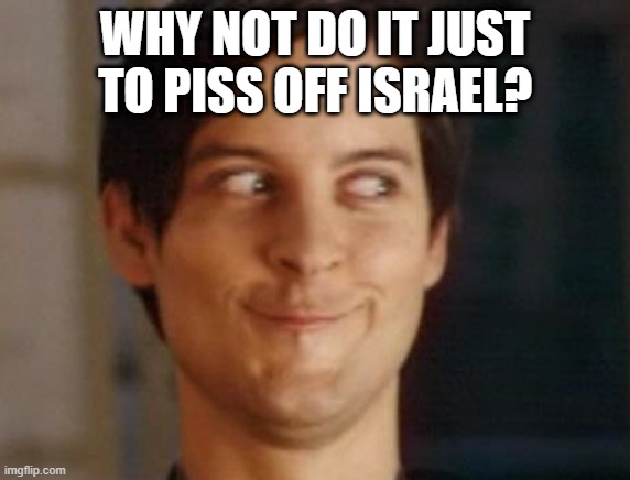 Spiderman Peter Parker Meme | WHY NOT DO IT JUST TO PISS OFF ISRAEL? | image tagged in memes,spiderman peter parker | made w/ Imgflip meme maker