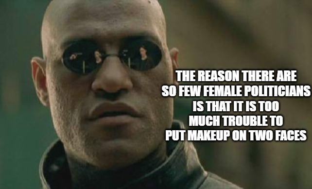 Matrix Morpheus Meme | IS THAT IT IS TOO MUCH TROUBLE TO PUT MAKEUP ON TWO FACES; THE REASON THERE ARE SO FEW FEMALE POLITICIANS | image tagged in memes,matrix morpheus | made w/ Imgflip meme maker