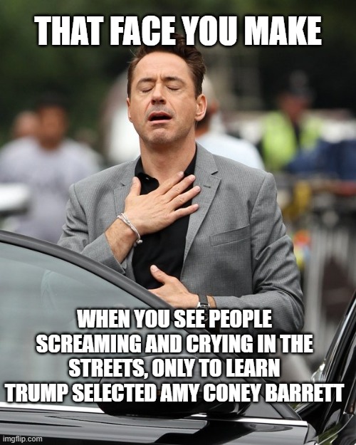 Relief | THAT FACE YOU MAKE; WHEN YOU SEE PEOPLE SCREAMING AND CRYING IN THE STREETS, ONLY TO LEARN TRUMP SELECTED AMY CONEY BARRETT | image tagged in relief | made w/ Imgflip meme maker