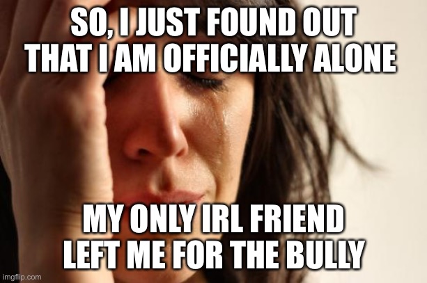 First World Problems | SO, I JUST FOUND OUT THAT I AM OFFICIALLY ALONE; MY ONLY IRL FRIEND LEFT ME FOR THE BULLY | image tagged in memes,first world problems | made w/ Imgflip meme maker