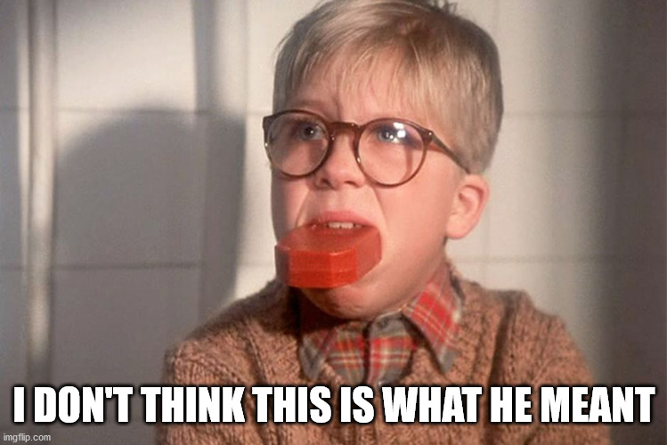 christmas story ralphie bar soap in mouth | I DON'T THINK THIS IS WHAT HE MEANT | image tagged in christmas story ralphie bar soap in mouth | made w/ Imgflip meme maker