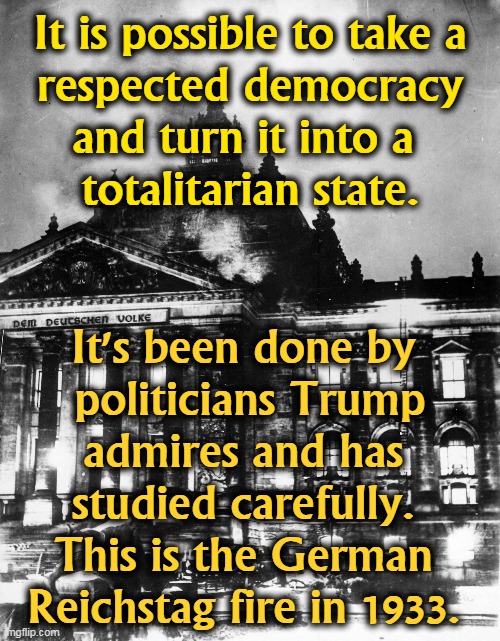 Trump tried it on January 6th, and people died because of his failed coup attempt. | It is possible to take a
 respected democracy 
and turn it into a 
totalitarian state. It's been done by 
politicians Trump admires and has 
studied carefully. 
This is the German 
Reichstag fire in 1933. | image tagged in democracy,trump,dictator,disaster | made w/ Imgflip meme maker