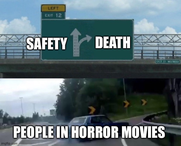 split road | SAFETY; DEATH; PEOPLE IN HORROR MOVIES | image tagged in split road | made w/ Imgflip meme maker