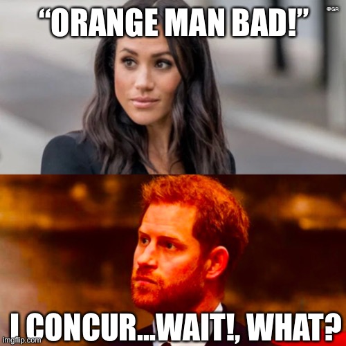 Meghan Markle and Henry Charles Albert David Mountbatten-Windsor | @GR; “ORANGE MAN BAD!”; I CONCUR...WAIT!, WHAT? | image tagged in meghan markle and henry charles albert david mountbatten-windsor | made w/ Imgflip meme maker