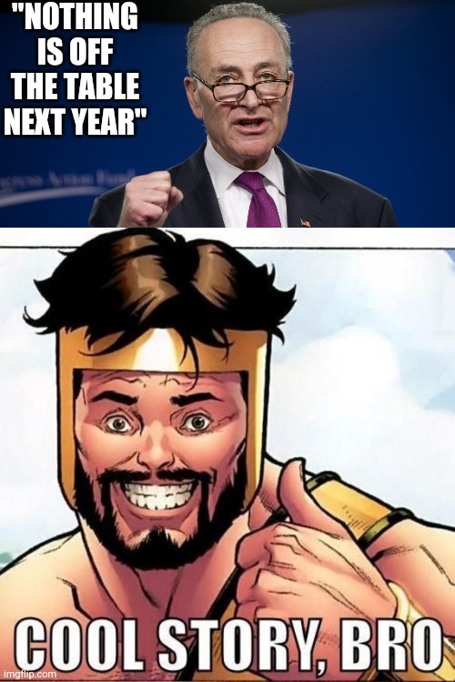 "NOTHING IS OFF THE TABLE NEXT YEAR" | image tagged in memes,cool story bro,chuck schumer | made w/ Imgflip meme maker