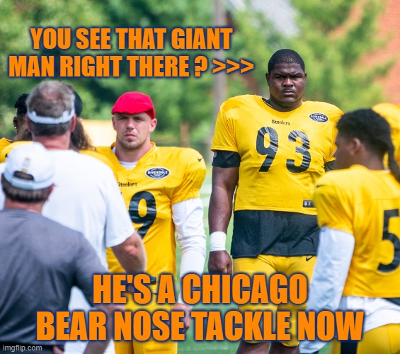 Giant Chicago Bear | YOU SEE THAT GIANT MAN RIGHT THERE ? >>>; HE'S A CHICAGO BEAR NOSE TACKLE NOW | image tagged in bears,chicago bears,monster of the midway,da bears,gobears | made w/ Imgflip meme maker