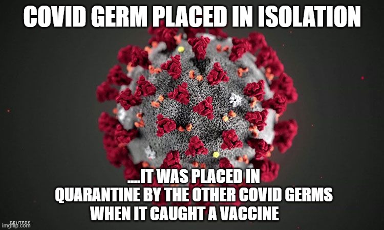 Karma....it works at all levels. | COVID GERM PLACED IN ISOLATION; ....IT WAS PLACED IN QUARANTINE BY THE OTHER COVID GERMS WHEN IT CAUGHT A VACCINE | image tagged in funny memes,memes,coronavirus meme,covid-19,coronavirus | made w/ Imgflip meme maker
